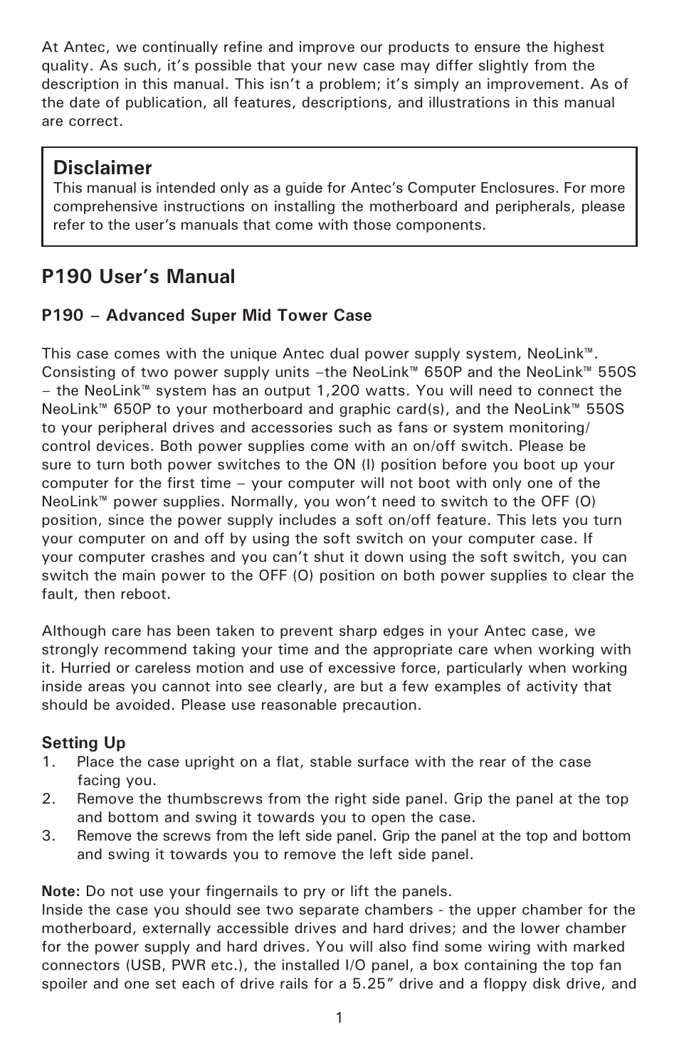 P190 user’s manual, Disclaimer | Antec NEOLINKTM P190 User Manual | Page 2 / 10