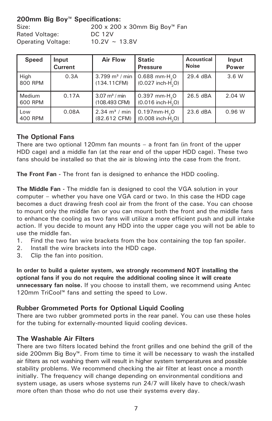 200mm big boy™ specifications, The optional fans, Rubber grommeted ports for optional liquid cooling | The washable air filters | Antec NEOLINKTM P190 User Manual | Page 8 / 10