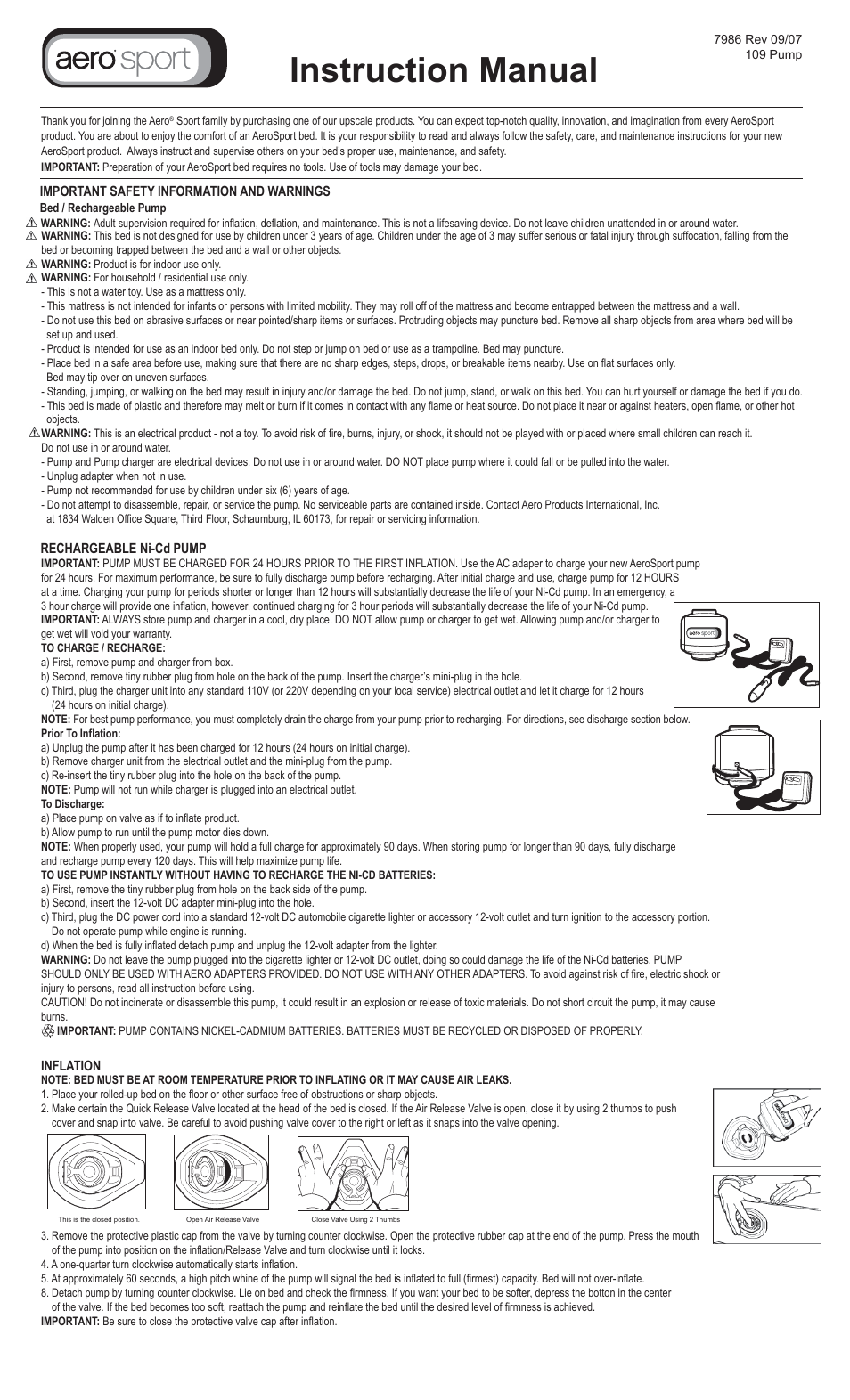 AeroBed Rechargeable Dual Power NiCd Battery Power Model 109 DC User Manual | 2 pages