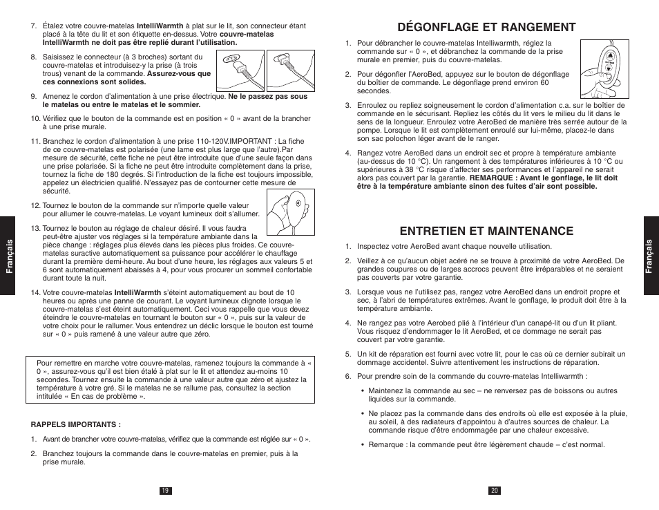 Dégonflage et rangement, Entretien et maintenance, Adjust | AeroBed Premier IntelliWarmth Cover User Manual | Page 11 / 14