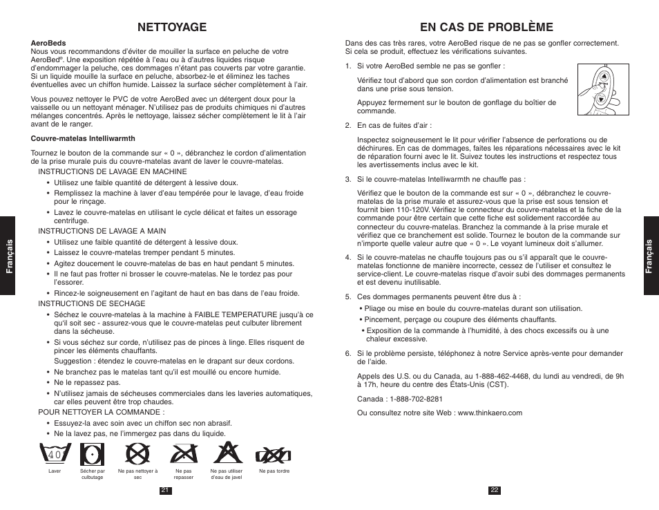 Nettoyage, En cas de problème, Adjust | AeroBed Premier IntelliWarmth Cover User Manual | Page 12 / 14