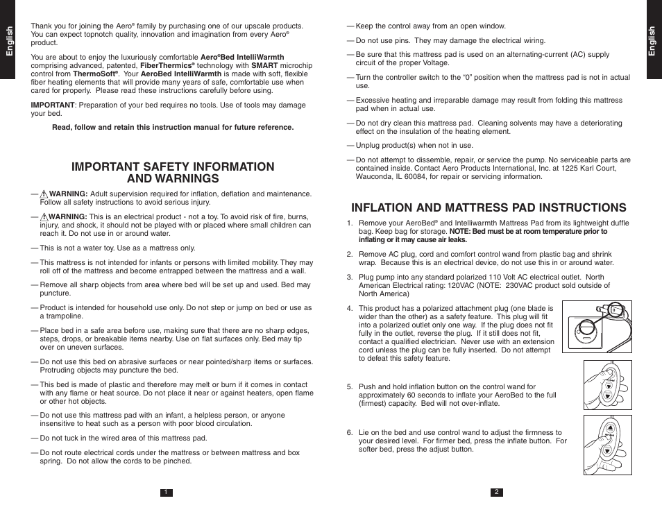 Important safety information and warnings, Inflation and mattress pad instructions, Adjust | AeroBed Premier IntelliWarmth Cover User Manual | Page 2 / 14