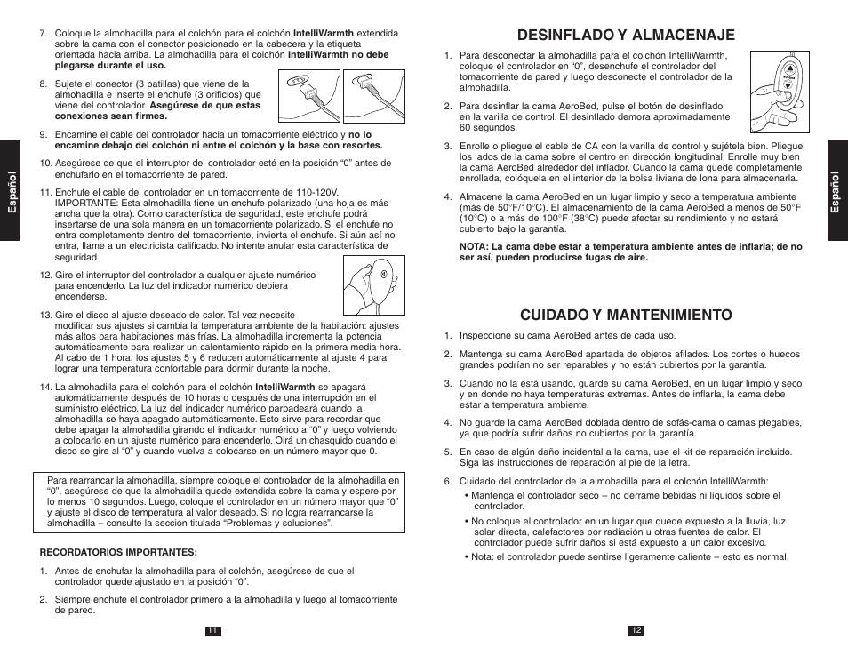 Desinflado y almacenaje, Cuidado y mantenimiento, Adjust | AeroBed Premier IntelliWarmth Cover User Manual | Page 7 / 14