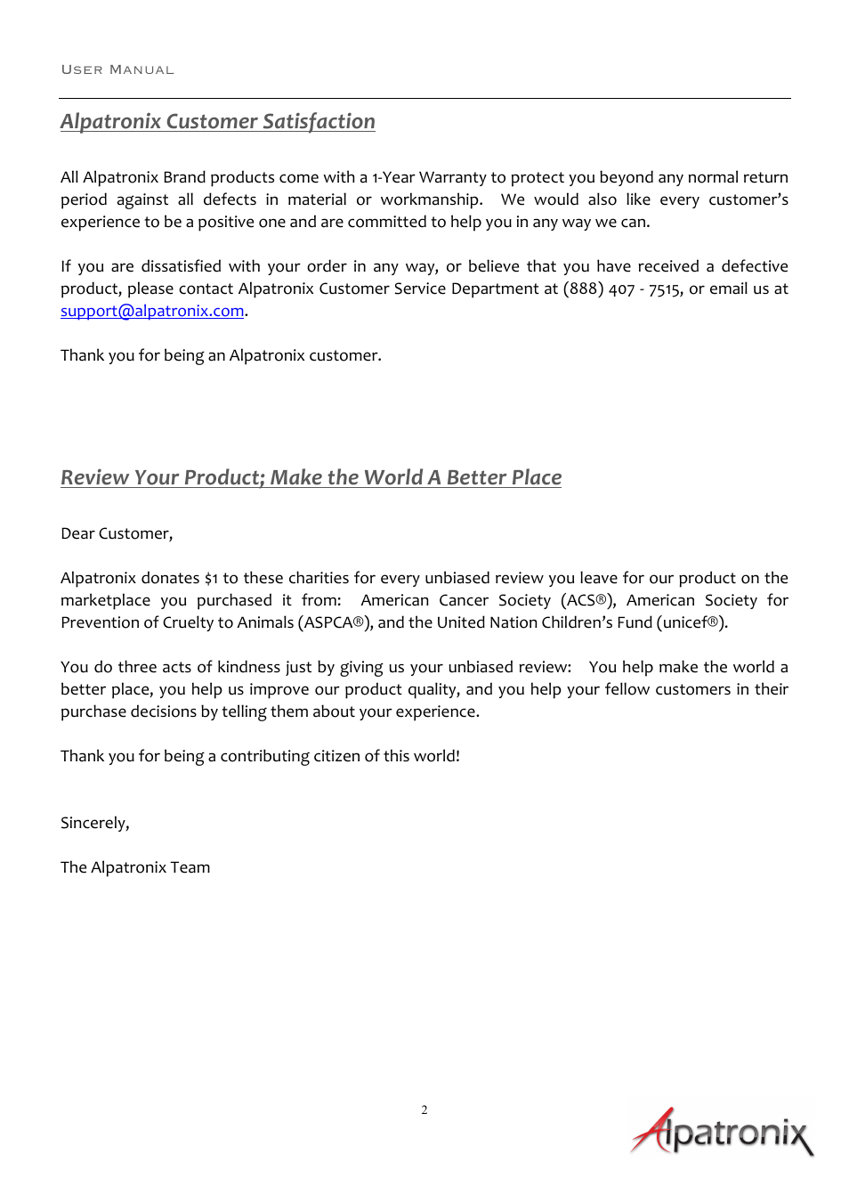 Alpatronix customer satisfaction, Review your product; make the world a better place | Alpatronix AX310 Ultra Portable Rechargeable Wireless Mini Bluetooth Speaker for Seamless Audio & Music Streaming User Manual | Page 2 / 8