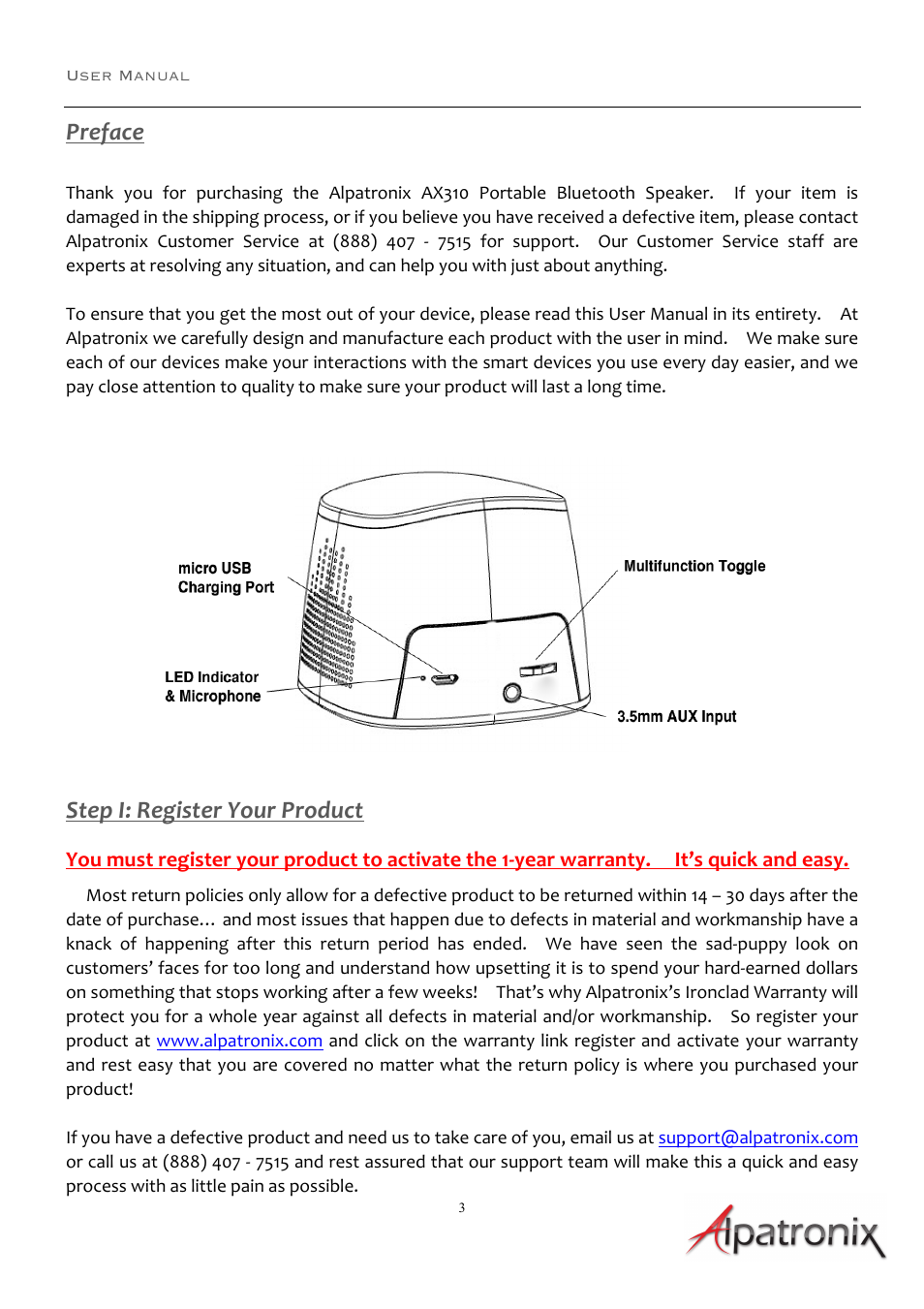 Preface, Step i: register your product | Alpatronix AX310 Ultra Portable Rechargeable Wireless Mini Bluetooth Speaker for Seamless Audio & Music Streaming User Manual | Page 3 / 8