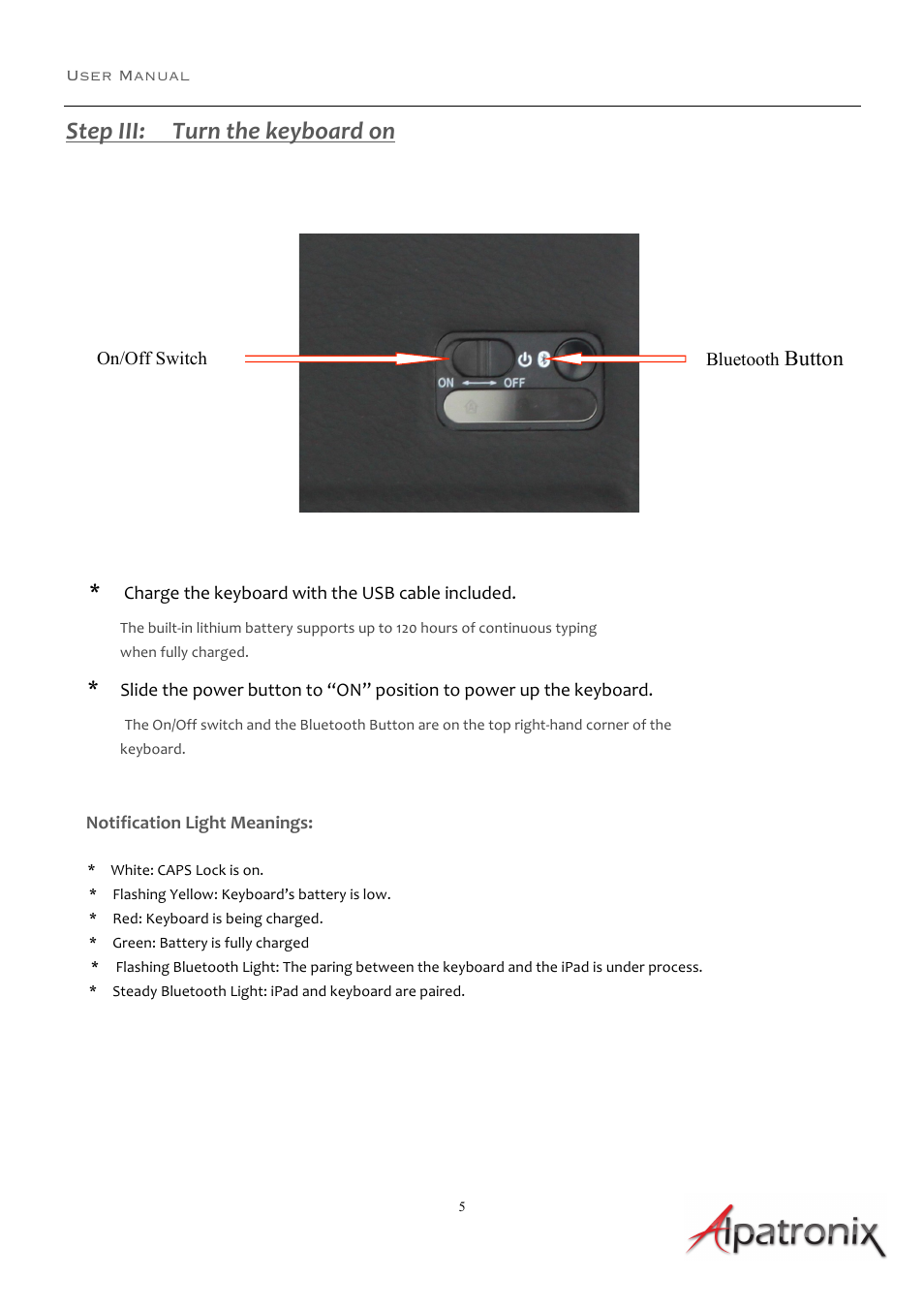 Step iii: turn the keyboard on | Alpatronix KX100 Bluetooth Keyboard Folio Case User Manual | Page 5 / 8