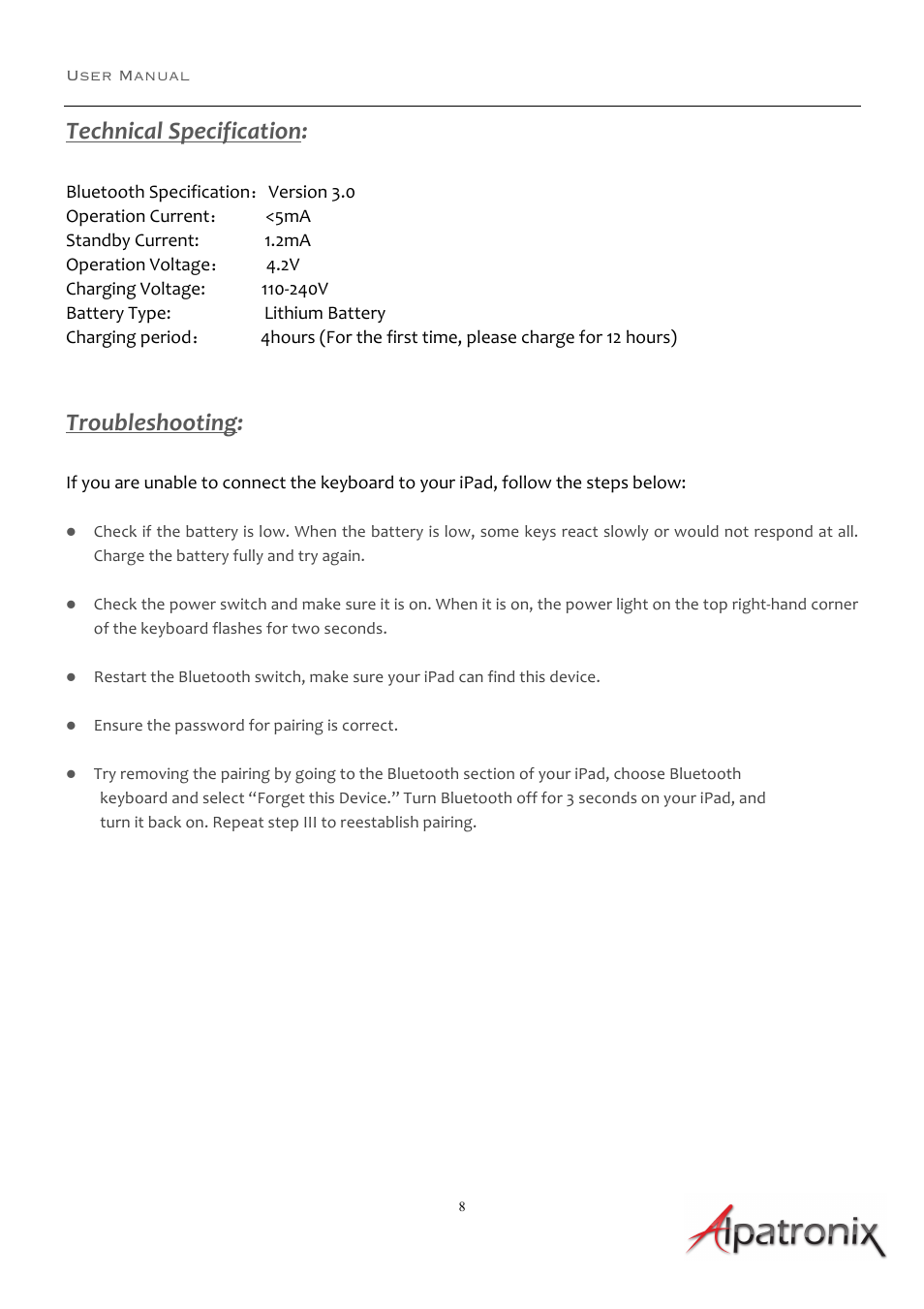 Technical specification, Troubleshooting | Alpatronix KX100 Bluetooth Keyboard Folio Case User Manual | Page 8 / 8