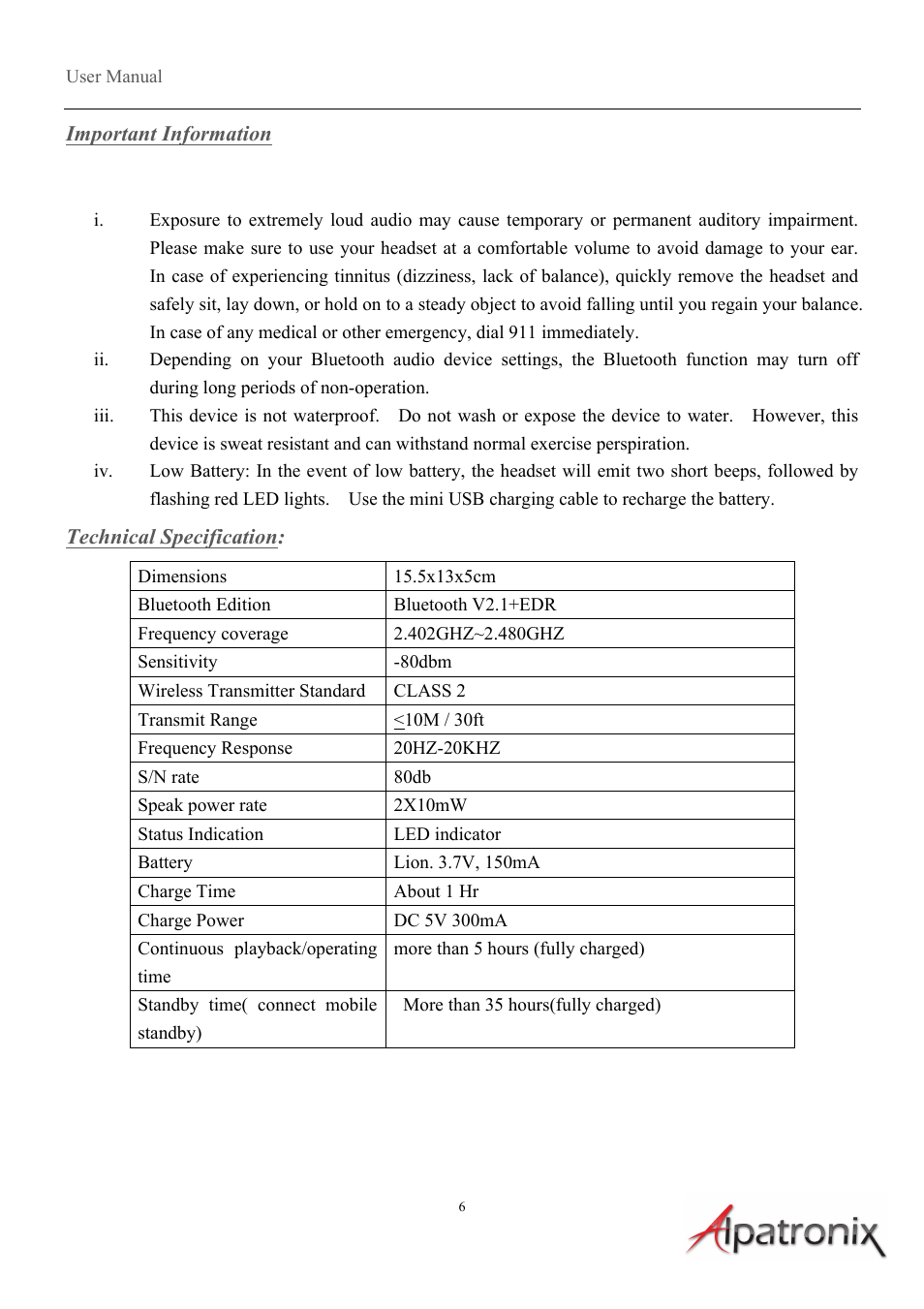 Alpatronix HX200 Active Bluetooth Hands Free Headset User Manual | Page 6 / 7