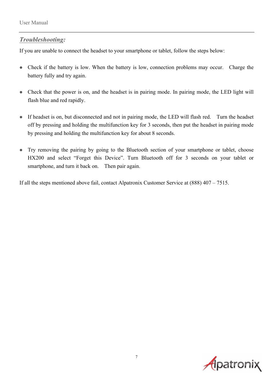 Troubleshooting | Alpatronix HX200 Active Bluetooth Hands Free Headset User Manual | Page 7 / 7