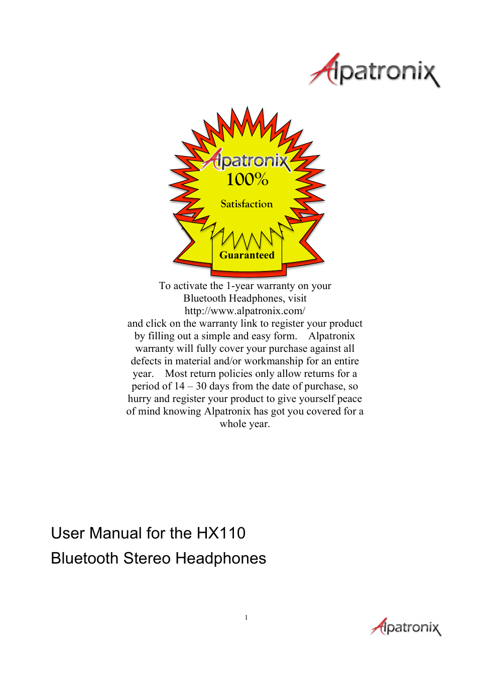 Alpatronix HX110 Wireless Over Ear Bluetooth 4.0 Headphones & Rechargeable Stereo Headset User Manual | 10 pages