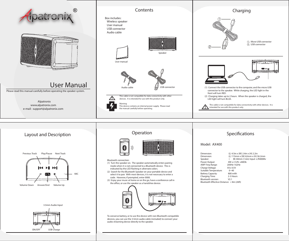 Alpatronix AX400 Portable Bluetooth Dual Stereo Speaker with More Powerful Audio, Touch-Screen Controls and USB-Rechargeable Battery User Manual | 1 page
