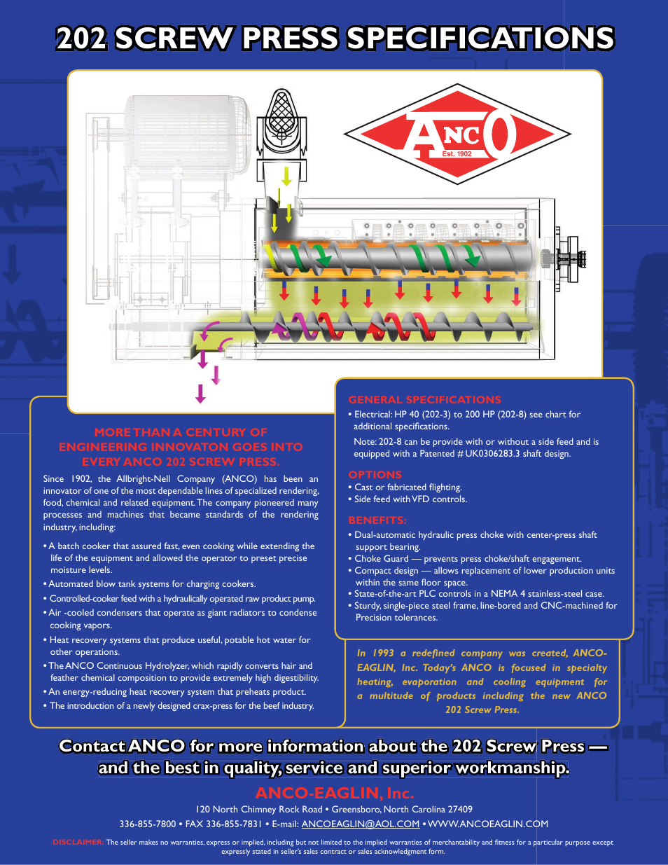 202 screw press specifications | Anco Eaglin Screw Press 202 EN User Manual | Page 4 / 4