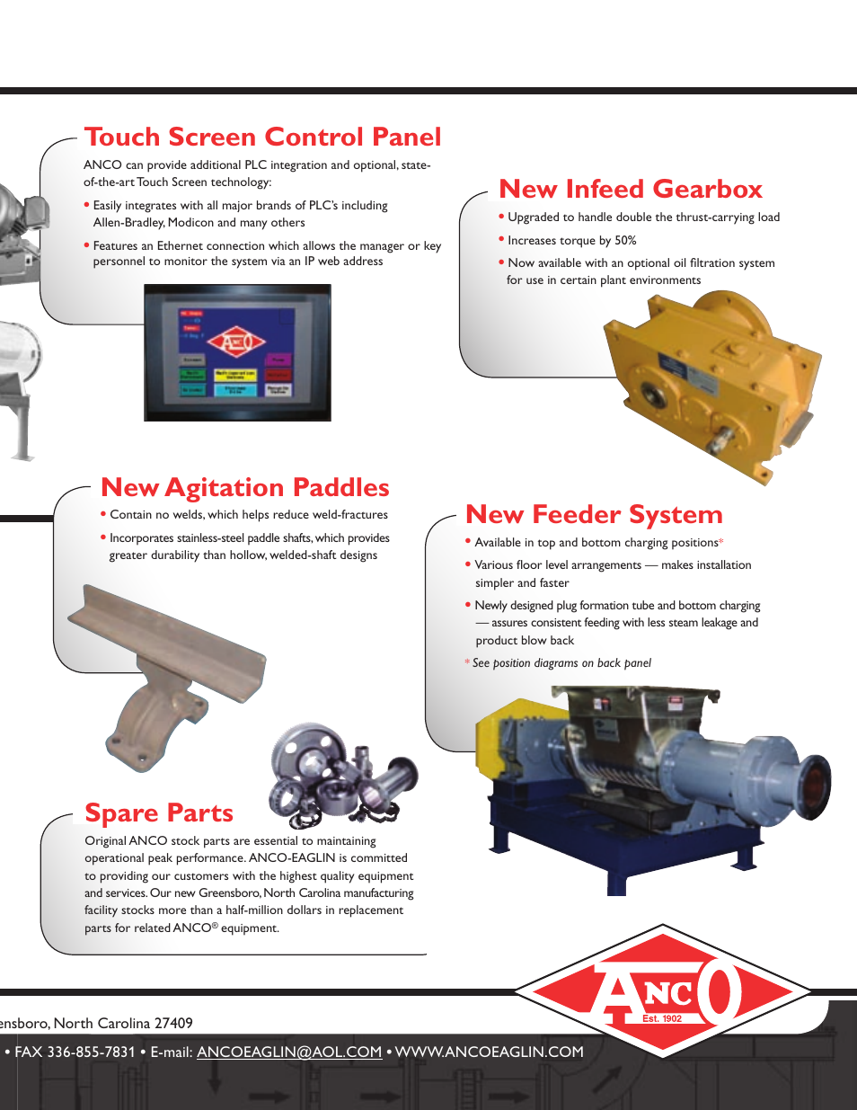 Anco-eaglin, inc, Touch screen control panel, New infeed gearbox | New agitation paddles, New feeder system, Spare parts | Anco Eaglin Continuous Hydrolyzer 1212 User Manual | Page 3 / 4