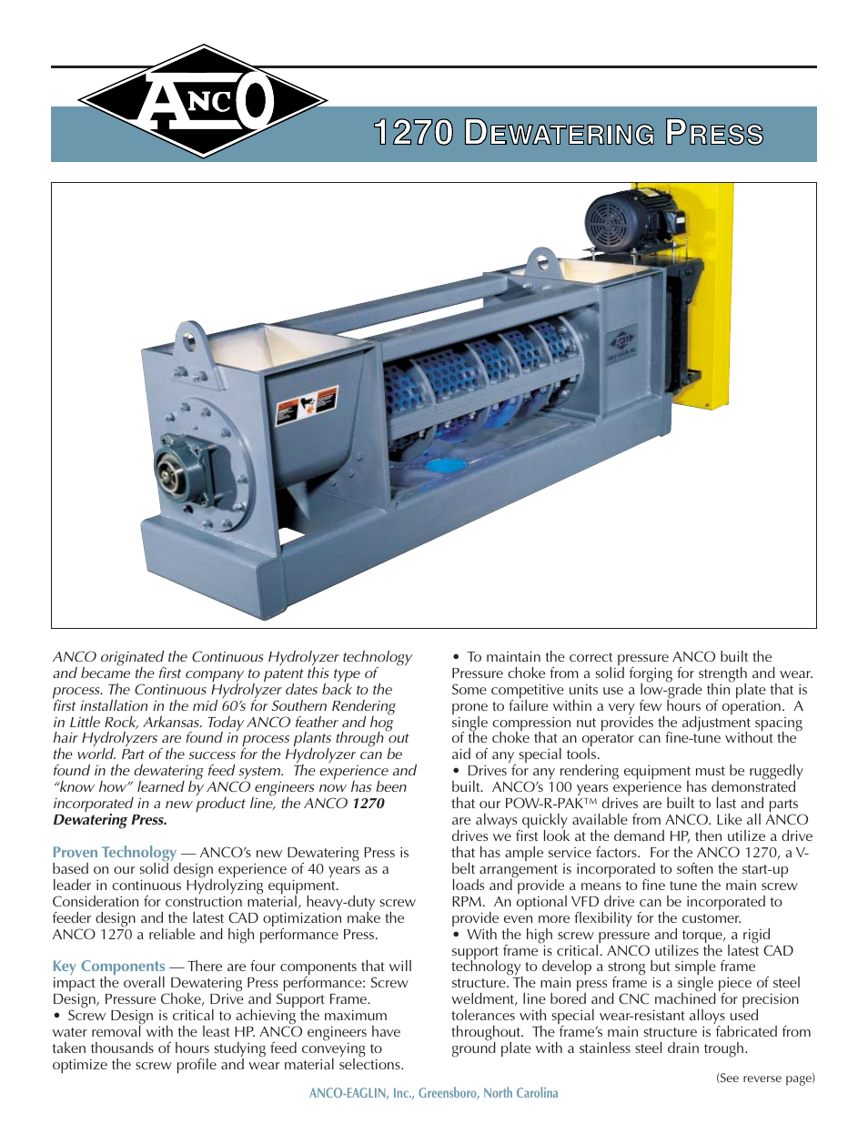 Anco Eaglin Dewatering Press 1270 User Manual | 2 pages