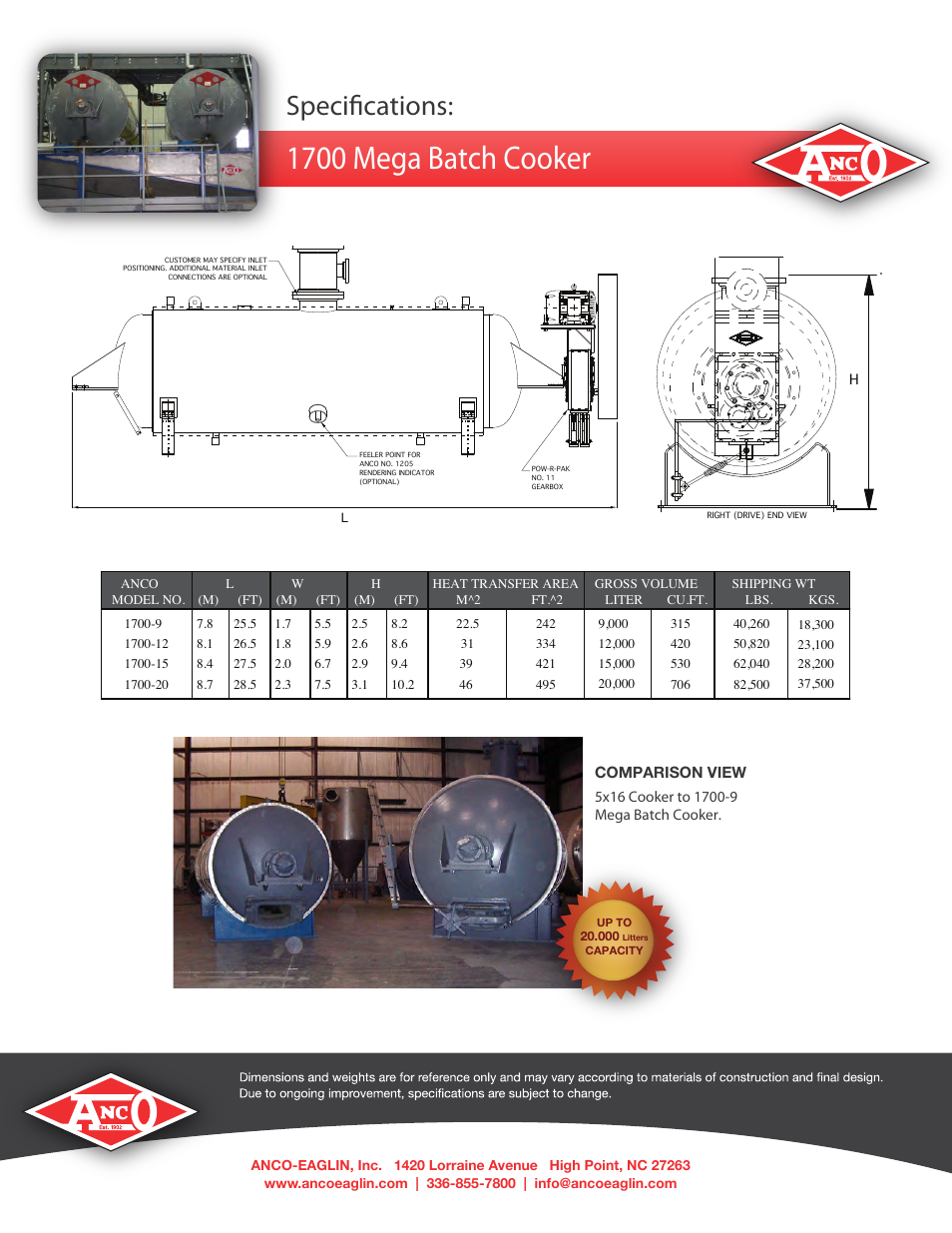 1700 mega batch cooker, Specifications | Anco Eaglin 1700 Batch Cooker User Manual | Page 2 / 2
