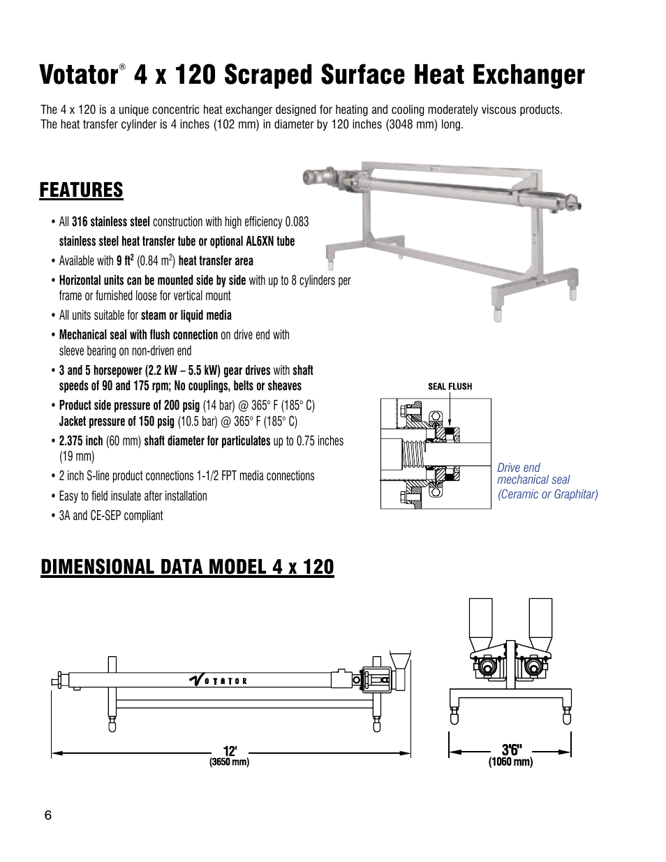 Votator, 4 x 120 scraped surface heat exchanger, Features dimensional data model 4 x 120 | Anco Eaglin A-E Votator User Manual | Page 6 / 12