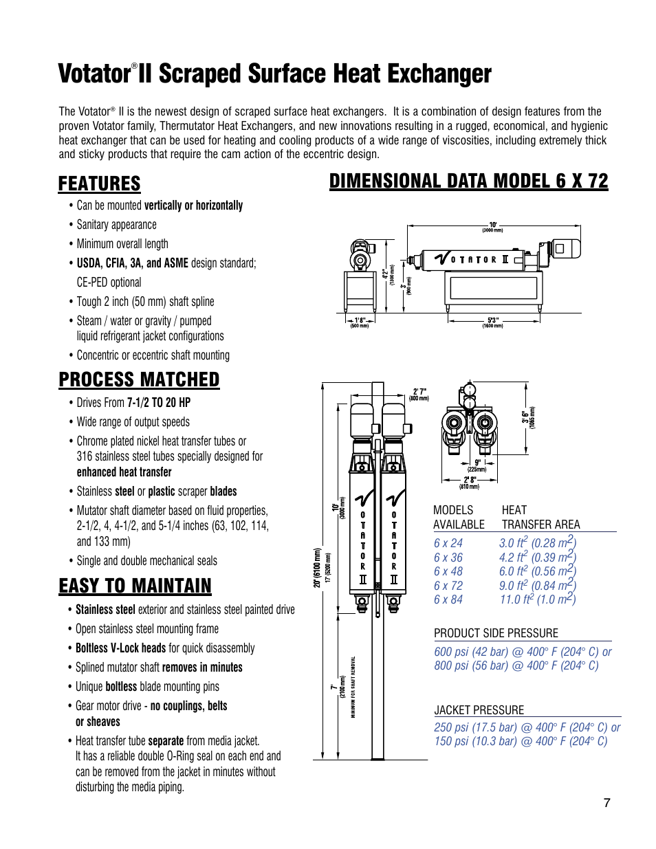 Votator, Ii scraped surface heat exchanger, Dimensional data model 6 x 72 | Features process matched, Easy to maintain | Anco Eaglin A-E Votator User Manual | Page 7 / 12