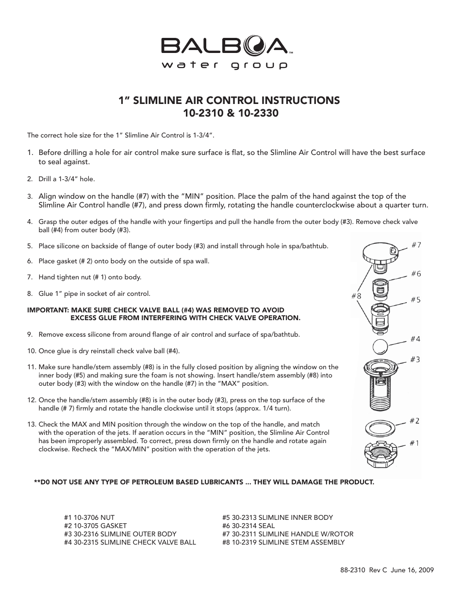 Balboa Water Group 1 Slimline Air Control 10-2330 User Manual | 1 page