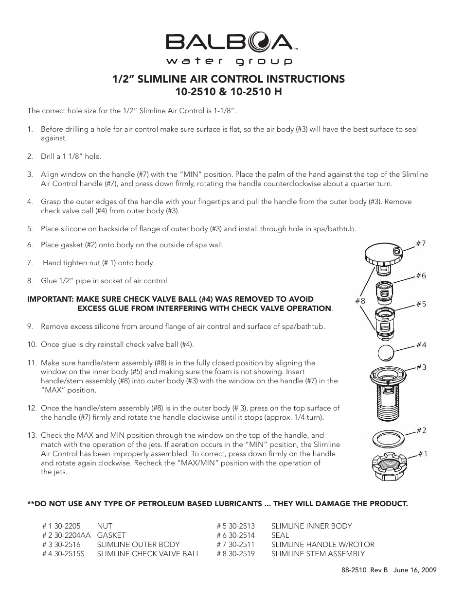 Balboa Water Group 1/2 Slimline Air Control 10-2510 User Manual | 1 page