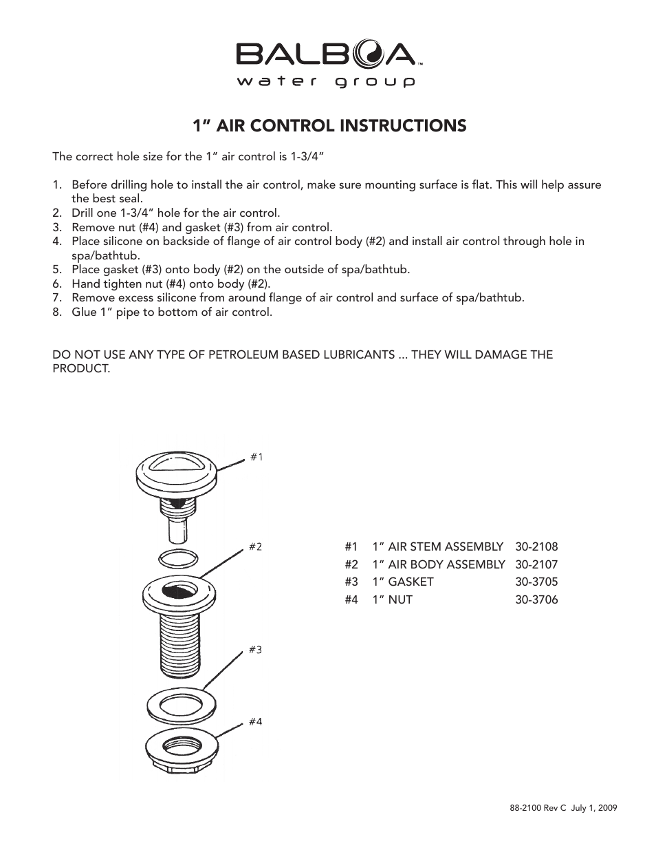 Balboa Water Group 1 Air Control User Manual | 1 page
