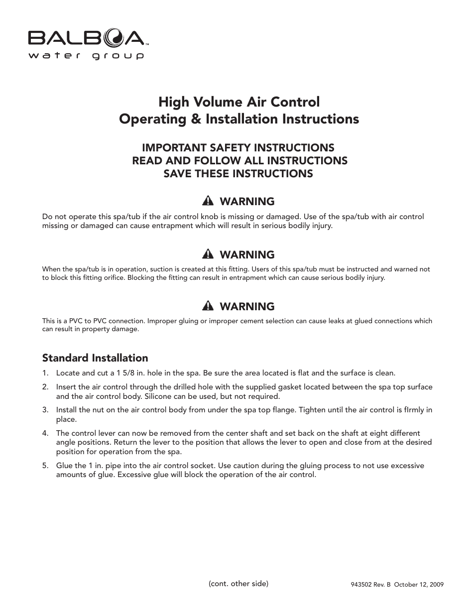 Balboa Water Group High Volume Air Control User Manual | 2 pages