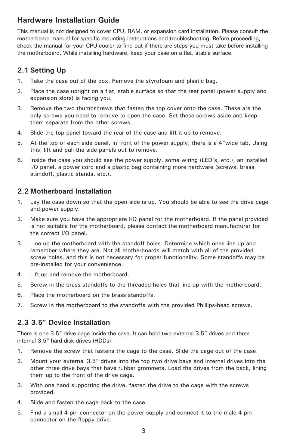 Hardware installation guide, 1 setting up, 2 motherboard installation | 3 3.5” device installation | Antec NSK 4000 II User Manual | Page 5 / 10