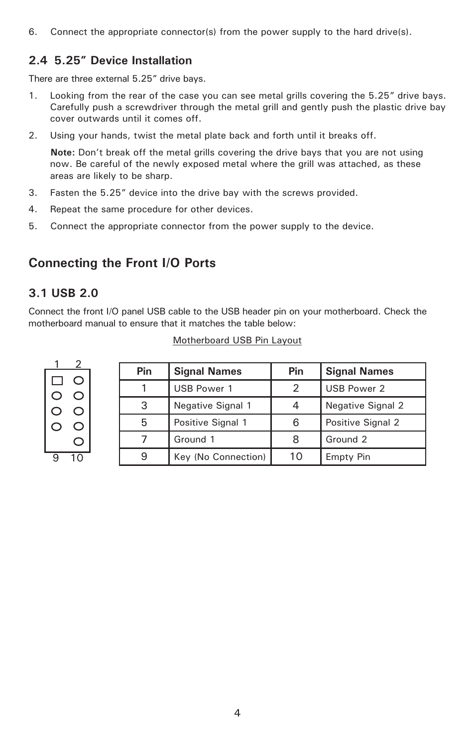 Connecting the front i/o ports, 4 5.25” device installation, 1 usb 2.0 | Antec NSK 4000 II User Manual | Page 6 / 10