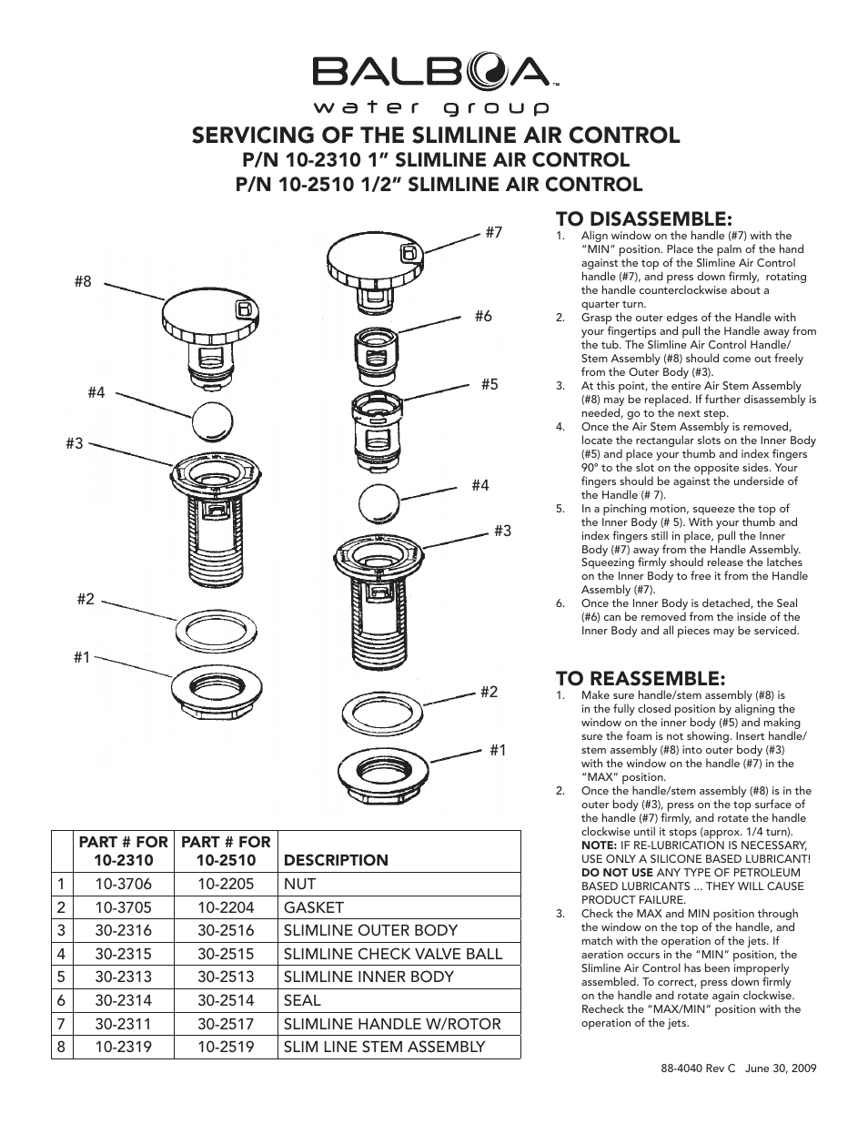 Balboa Water Group Servicing Slimline Air Control 10-2310 One Inch 10-2510 One Half Inch User Manual | 1 page