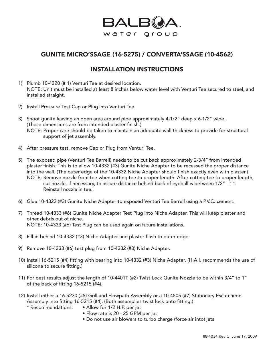 Balboa Water Group Gunite Micro'ssage 10-4562 User Manual | 2 pages