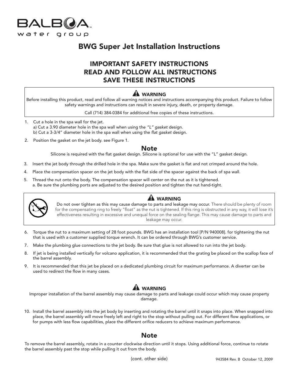 Balboa Water Group Super (Cyclone) Jet User Manual | 2 pages