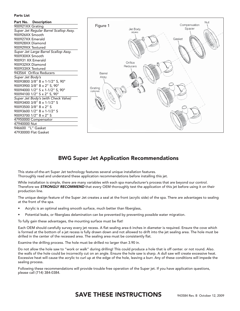 Save these instructions, Bwg super jet application recommendations | Balboa Water Group Super (Cyclone) Jet User Manual | Page 2 / 2