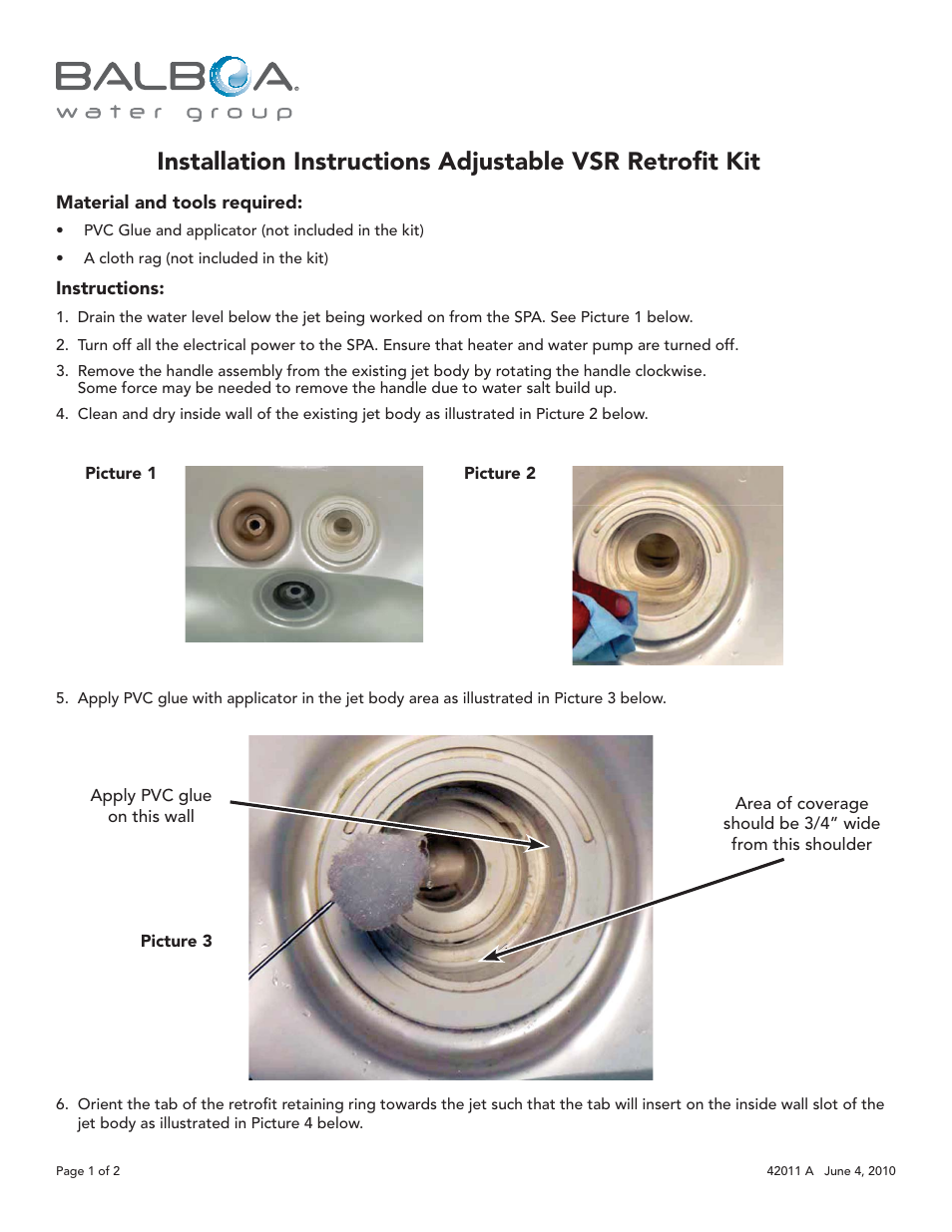 Balboa Water Group Adjustable VSR Retrofit Kit User Manual | 2 pages