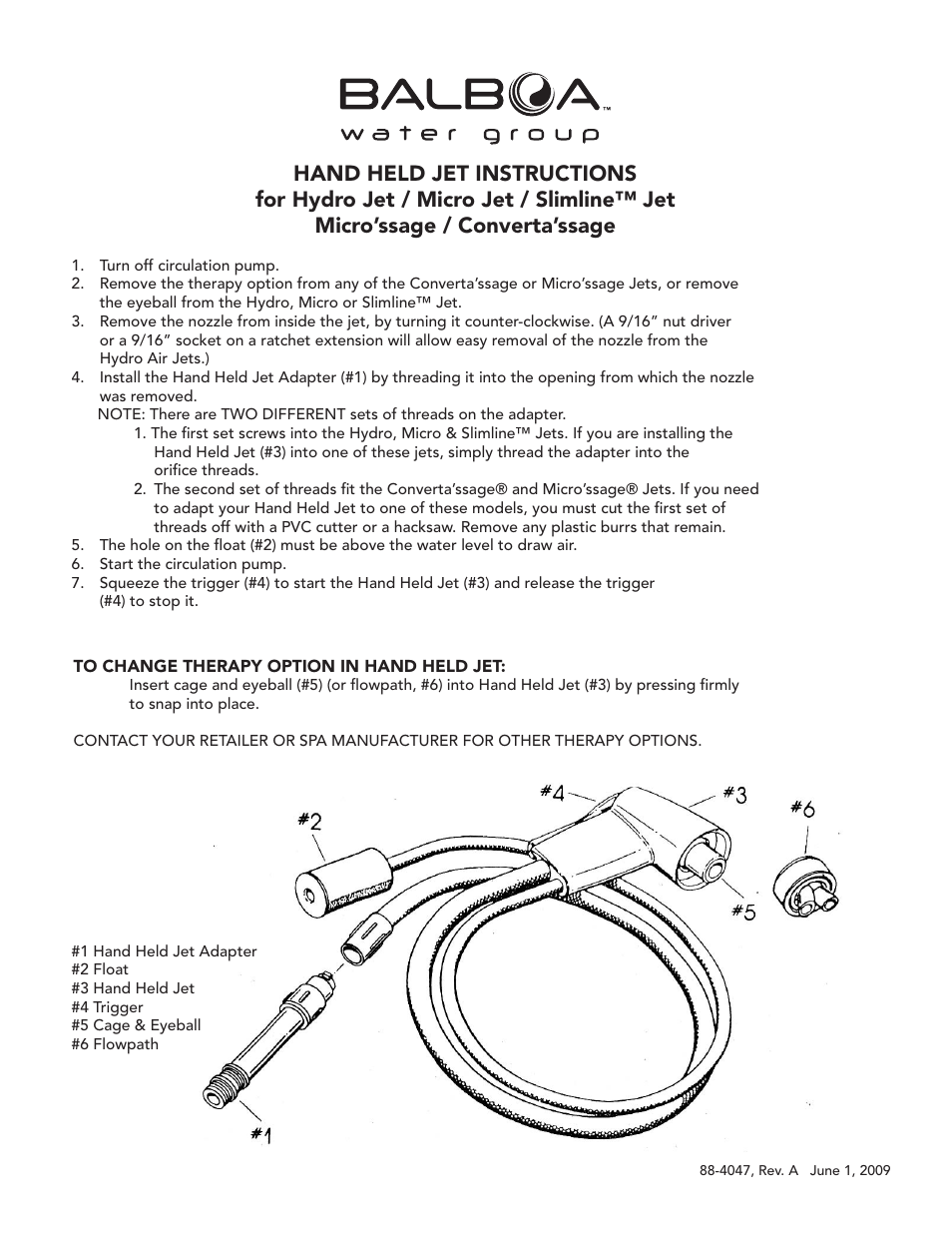 Balboa Water Group Hand Held Jet For Hydro Jet, Micro Jet, Slimline Jet, Mlcro'ssage Converta'ssage User Manual | 1 page