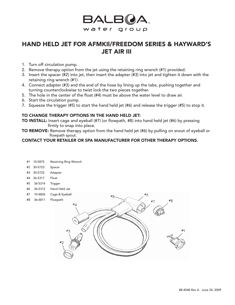 Balboa Water Group Hand Held Jet For AFMKII-Freedom Series & Hayward's Jet Air III User Manual | 1 page