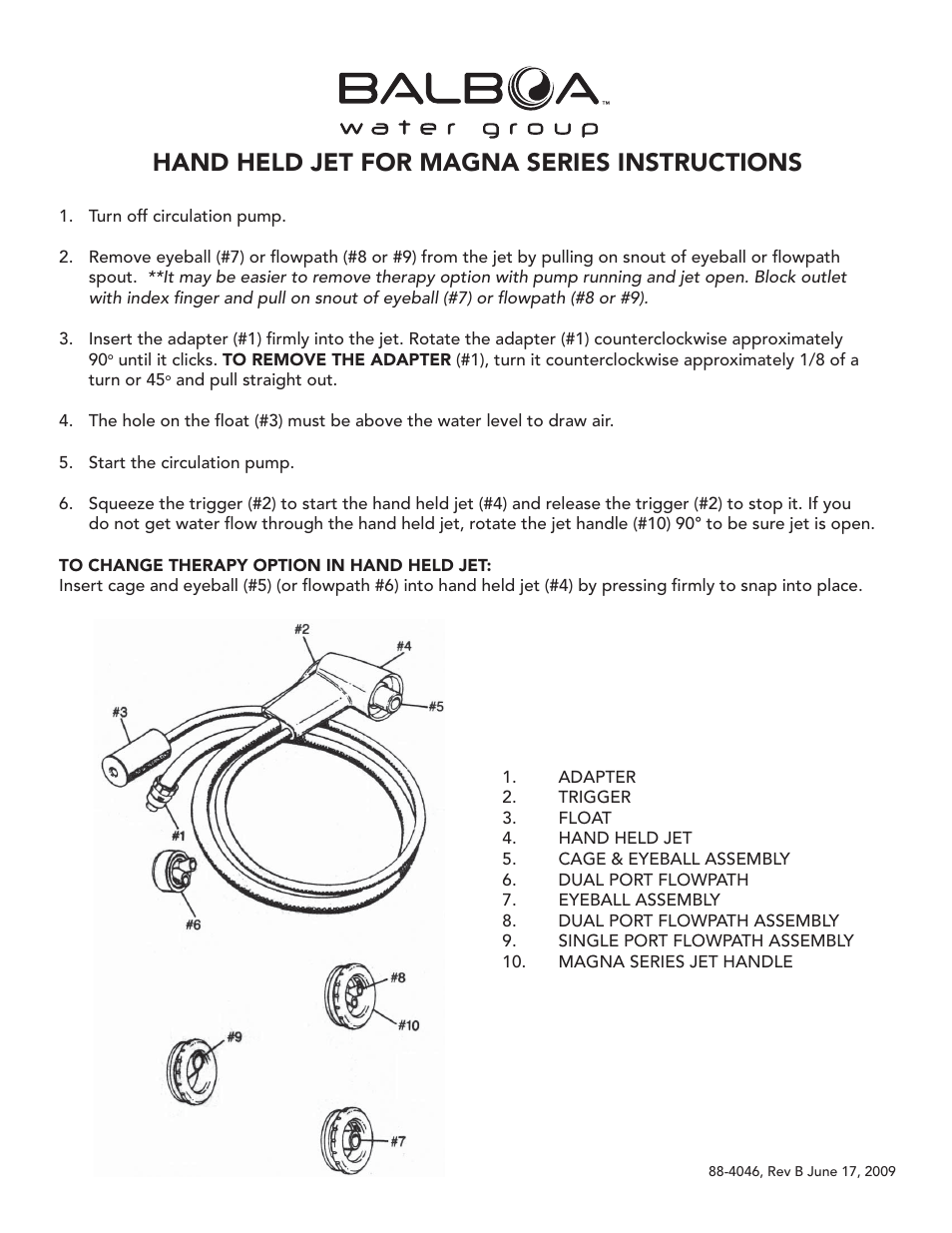 Balboa Water Group Hand Held Jet For Magna Series User Manual | 1 page