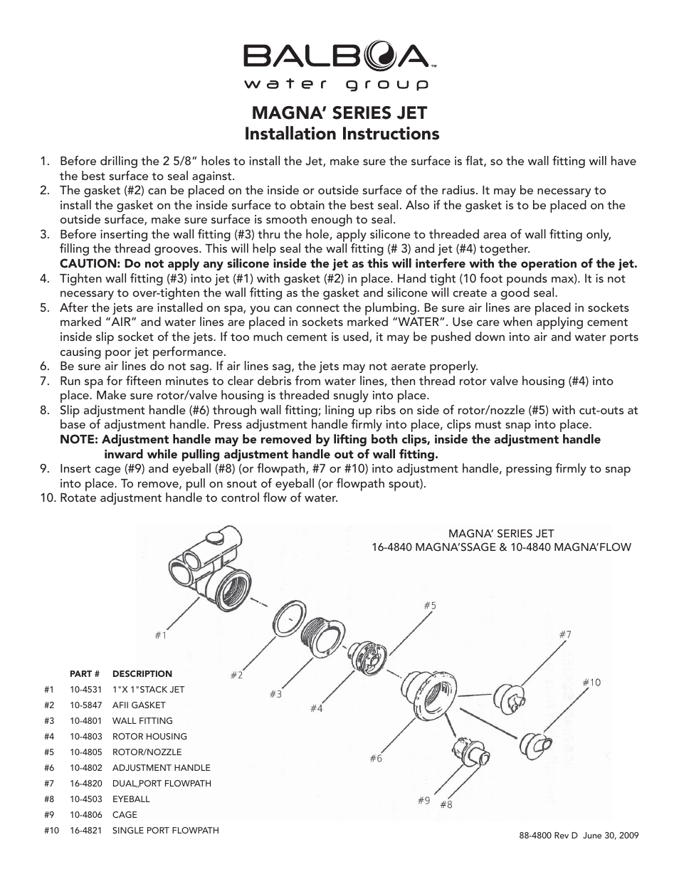 Balboa Water Group Magna' Series 16-4840 Magna'ssage Magna'flow User Manual | 1 page