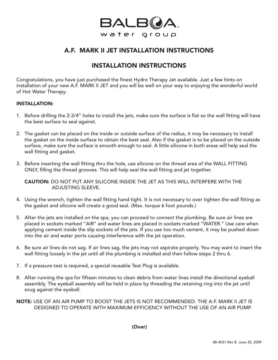 Balboa Water Group AF Mark II Jet User Manual | 2 pages