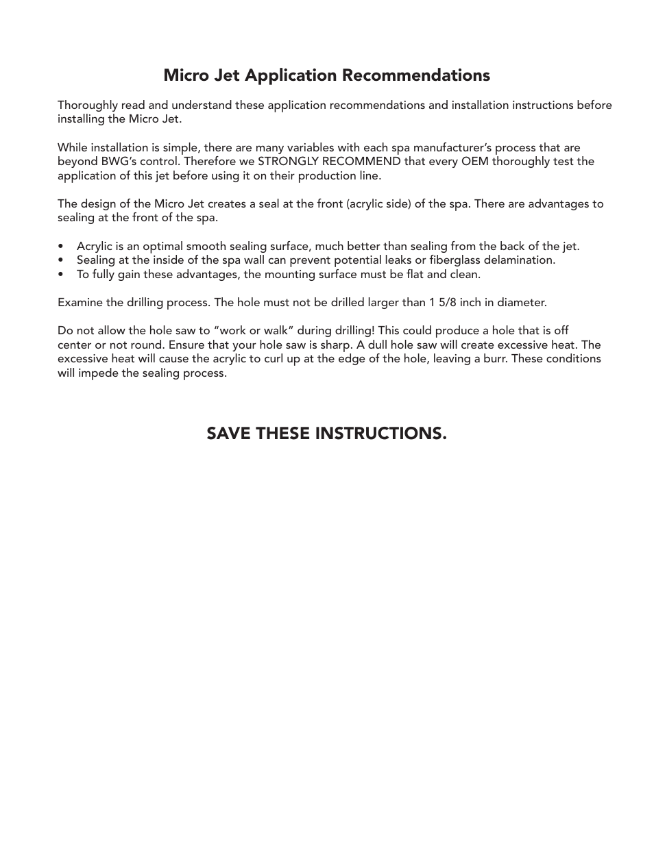 Micro jet application recommendations, Save these instructions | Balboa Water Group Micro Jet User Manual | Page 2 / 2