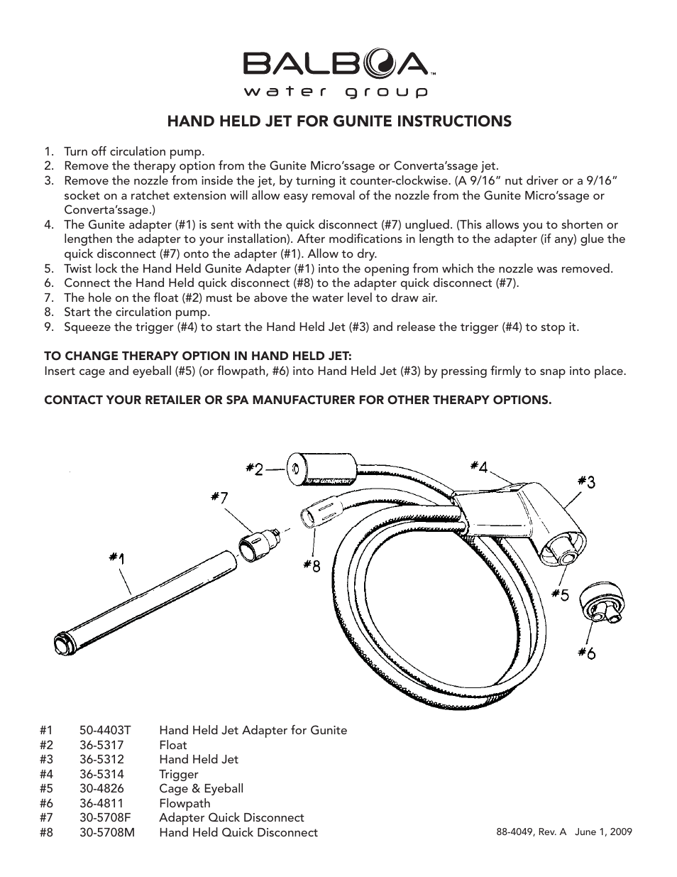 Balboa Water Group Hand Held Jet For Gunite User Manual | 1 page