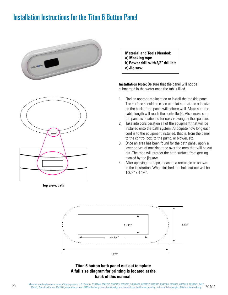 Drill a 3/8” hole in each corner | Balboa Water Group Titan Bath Control User Manual | Page 20 / 66