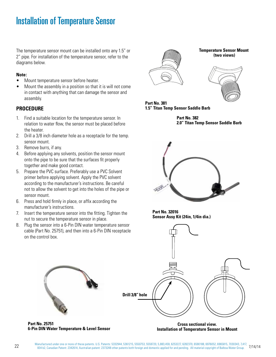 Installation of temperature sensor | Balboa Water Group Titan Bath Control User Manual | Page 22 / 66