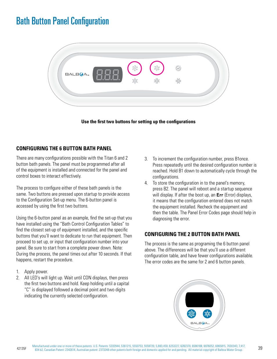 Bath button panel configuration | Balboa Water Group Titan Bath Control User Manual | Page 39 / 66