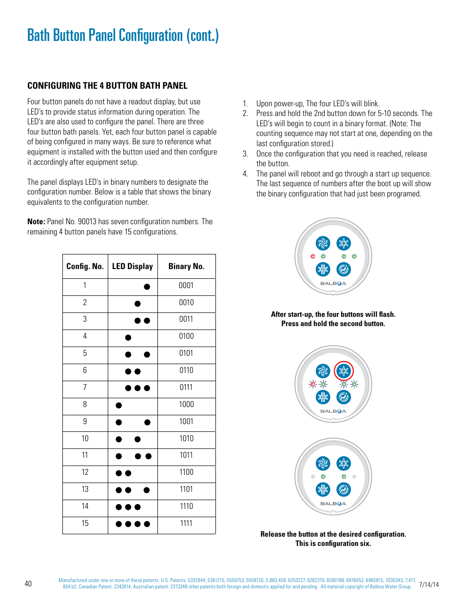 Bath button panel configuration (cont.) | Balboa Water Group Titan Bath Control User Manual | Page 40 / 66