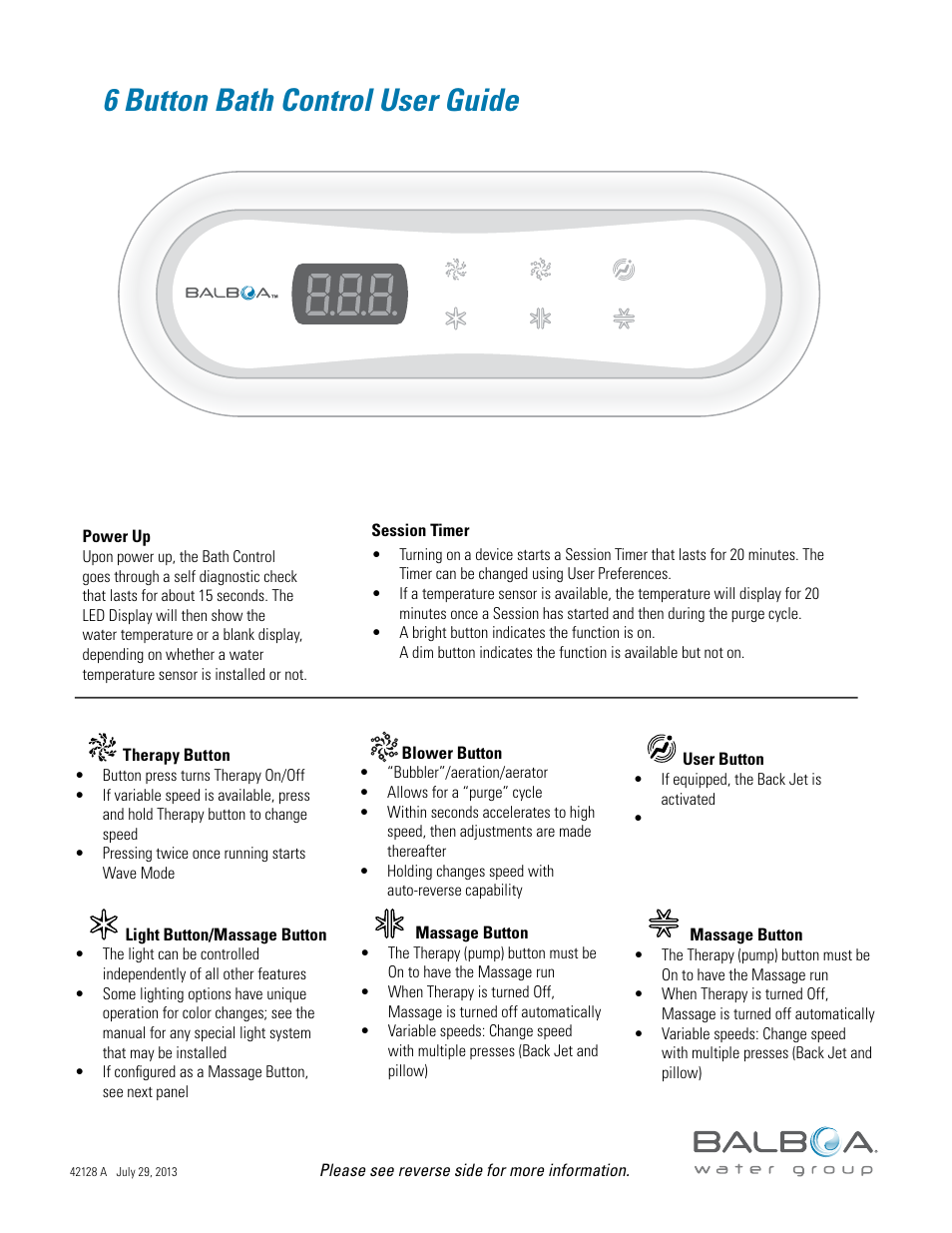6 button bath control user guide | Balboa Water Group Titan Bath Control User Manual | Page 41 / 66