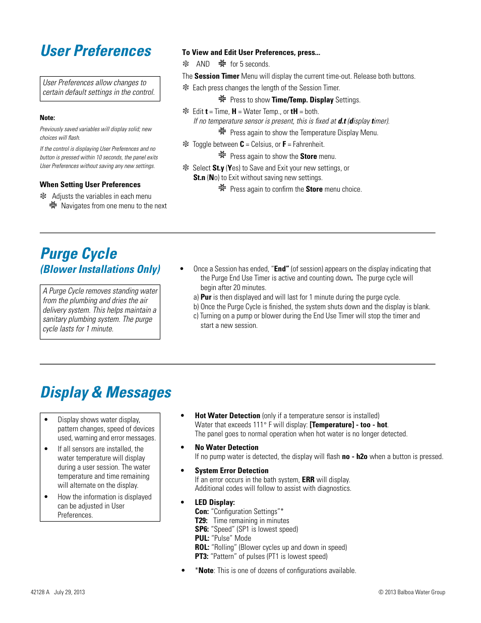 User preferences, Purge cycle, Display & messages | Blower installations only) | Balboa Water Group Titan Bath Control User Manual | Page 42 / 66