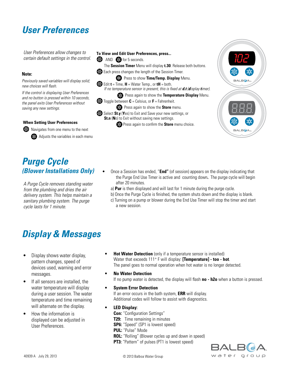 User preferences, Purge cycle, Display & messages | Blower installations only) | Balboa Water Group Titan Bath Control User Manual | Page 44 / 66