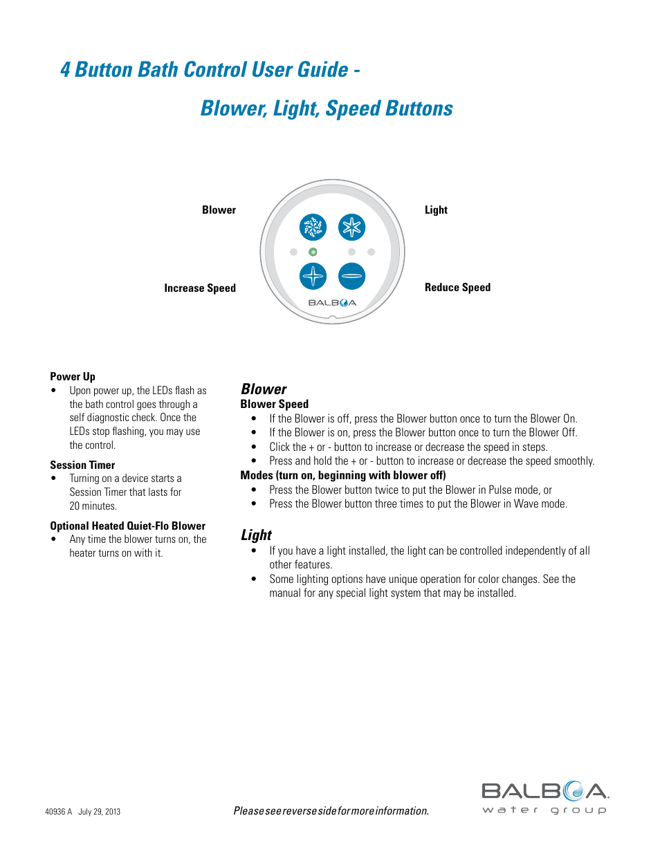 4 button bath control user guide, Blower, light, speed buttons | Balboa Water Group Titan Bath Control User Manual | Page 45 / 66