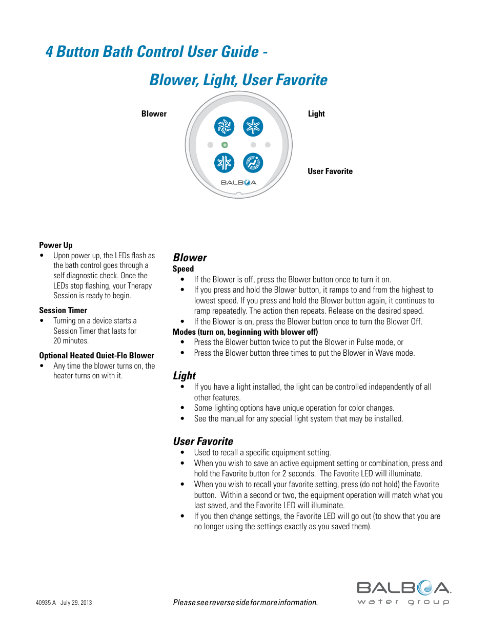 4 button bath control user guide, Blower, light, user favorite | Balboa Water Group Titan Bath Control User Manual | Page 47 / 66