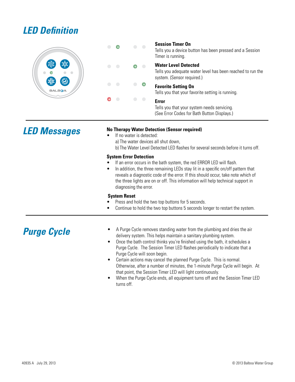 Led messages led definition purge cycle | Balboa Water Group Titan Bath Control User Manual | Page 48 / 66