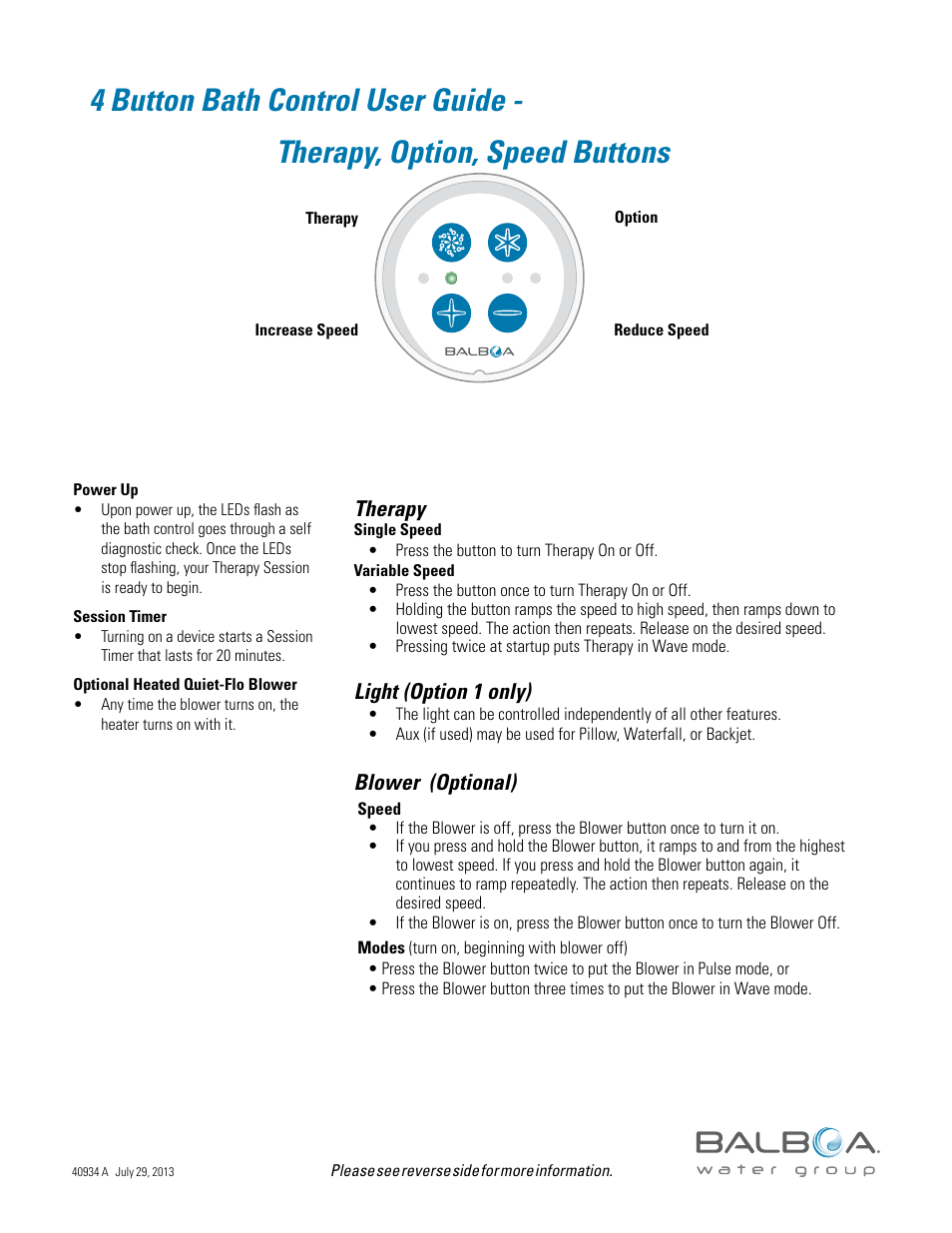 4 button bath control user guide, Therapy, option, speed buttons, Therapy | Light (option 1 only), Blower (optional) | Balboa Water Group Titan Bath Control User Manual | Page 51 / 66